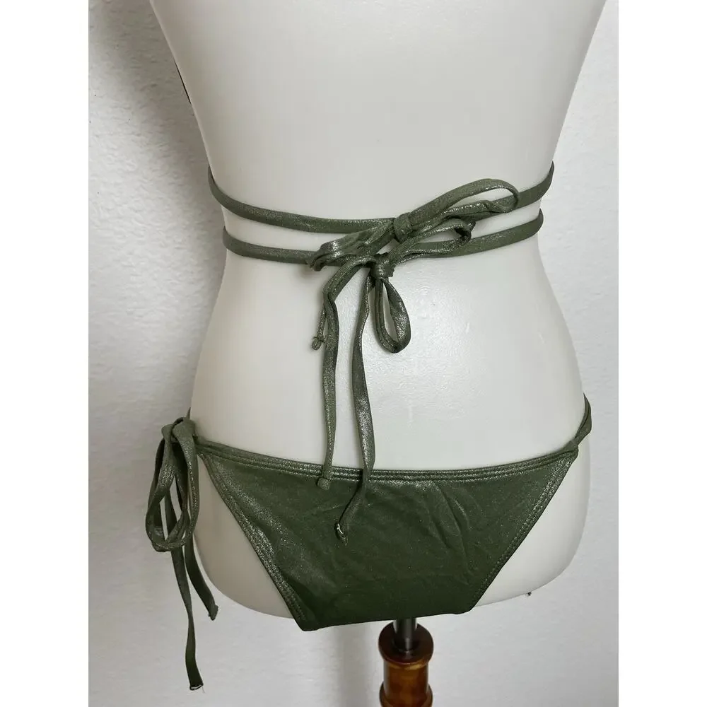 Fashion Nova Swim String Bikini Swimsuit Strappy Green Metallic Summer Festival